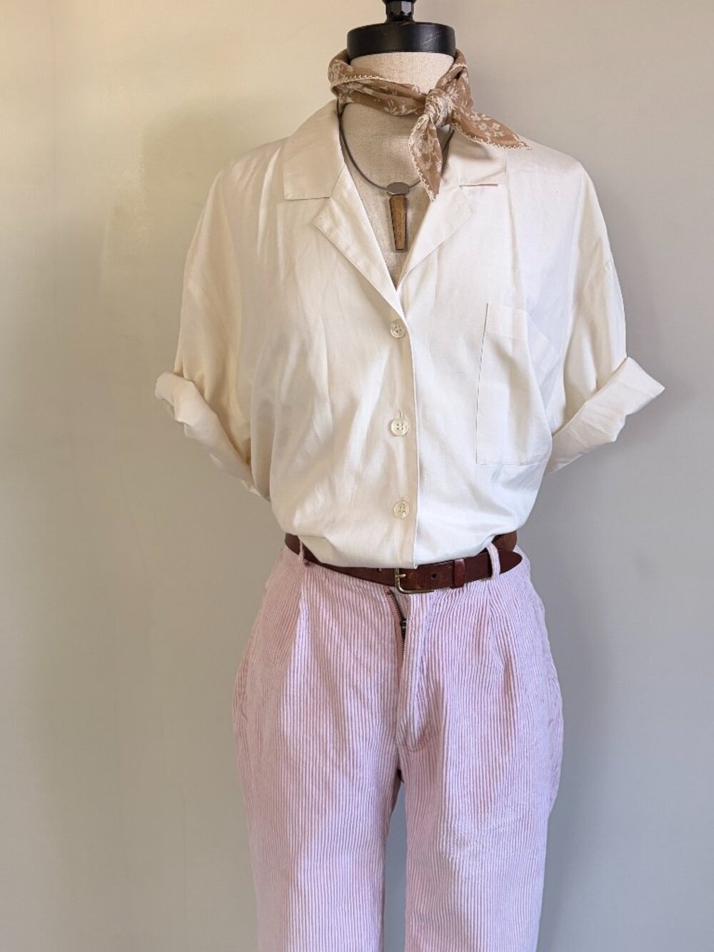 Vintage 80s Talbots Cream Silk Cotton Blend Button Up Short Sleeve Blouse M